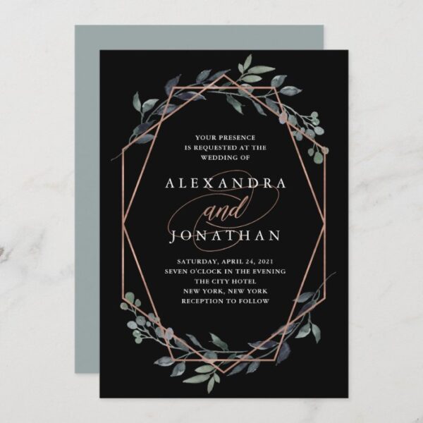 Greenery Geo Black | Rose Gold Wedding Invitation