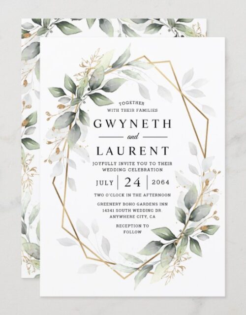 Greenery Green and Gold Geometric Rustic Wedding Invitation