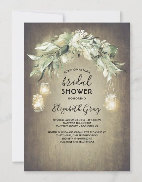 Greenery Mason Jar Lights Rustic Bridal Shower Invitation