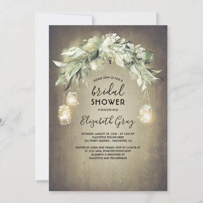 Greenery Mason Jar Lights Rustic Bridal Shower Invitation
