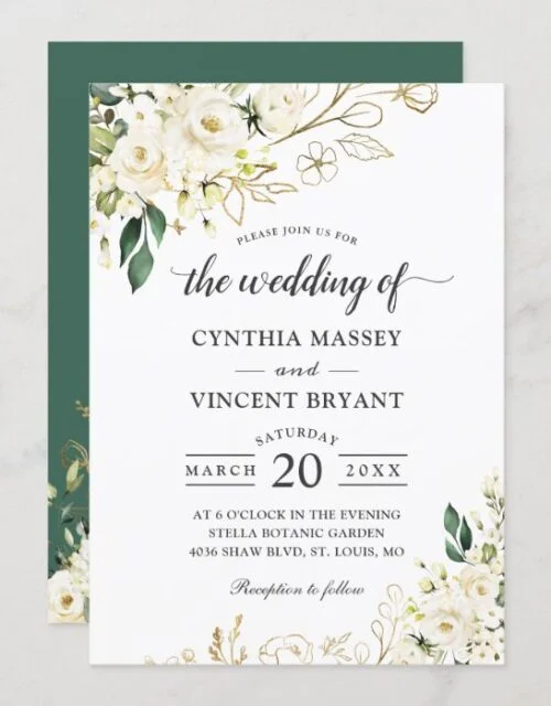 Greenery White Rose Floral Gold Leaves Wedding Invitation