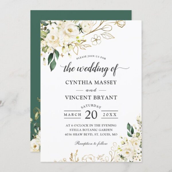 Greenery White Rose Floral Gold Leaves Wedding Invitation