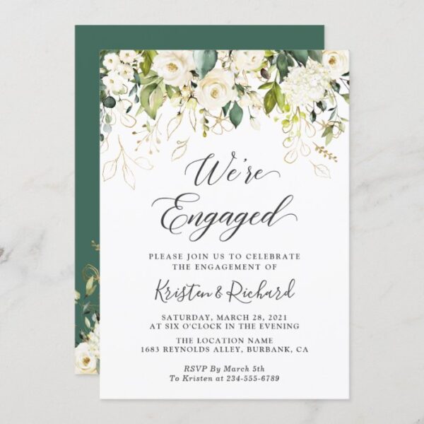 Greenery White Roses Gold Floral Engagement Party Invitation