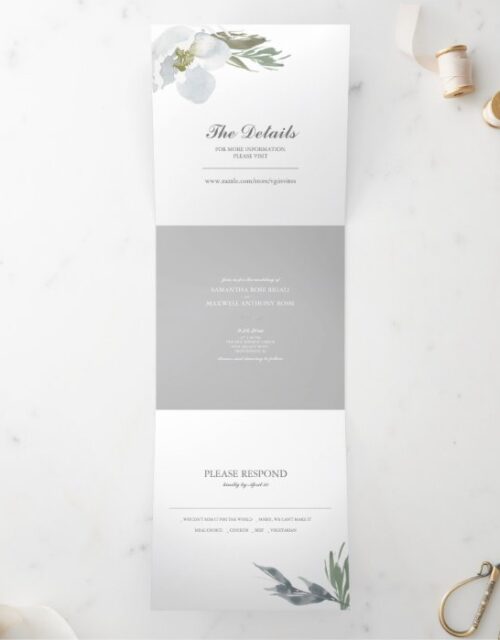 Grey Floral and Greenery All In One Wedding Invite