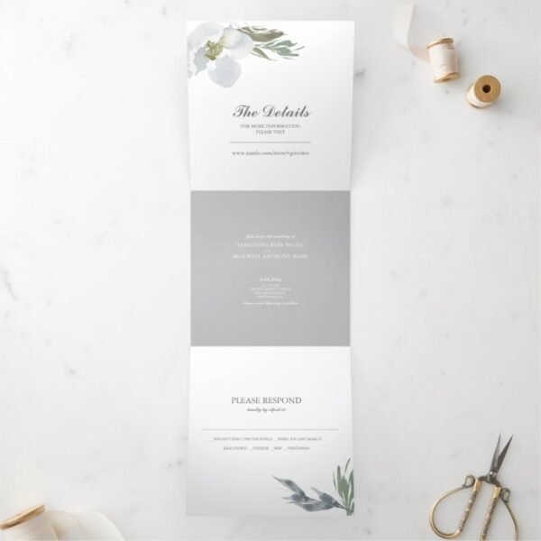 Grey Floral and Greenery All In One Wedding Invite