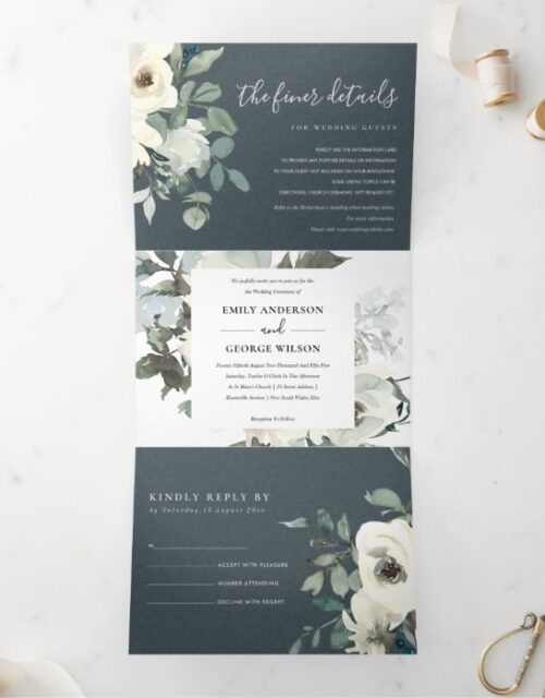 GREY IVORY WHITE FLORAL WATERCOLOR BUNCH WEDDING Tri-Fold INVITATION