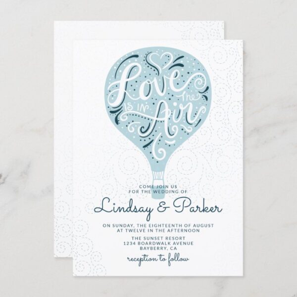 Hand Lettered Love Blue Hot Air Balloon Wedding Invitation