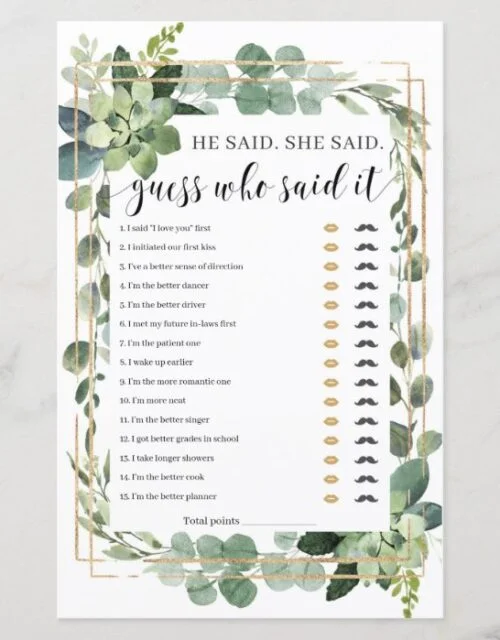 He said She said Bridal Shower Game Succulent boho