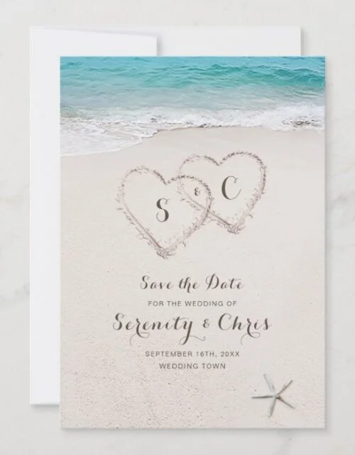 Hearts in the sand beach save the date