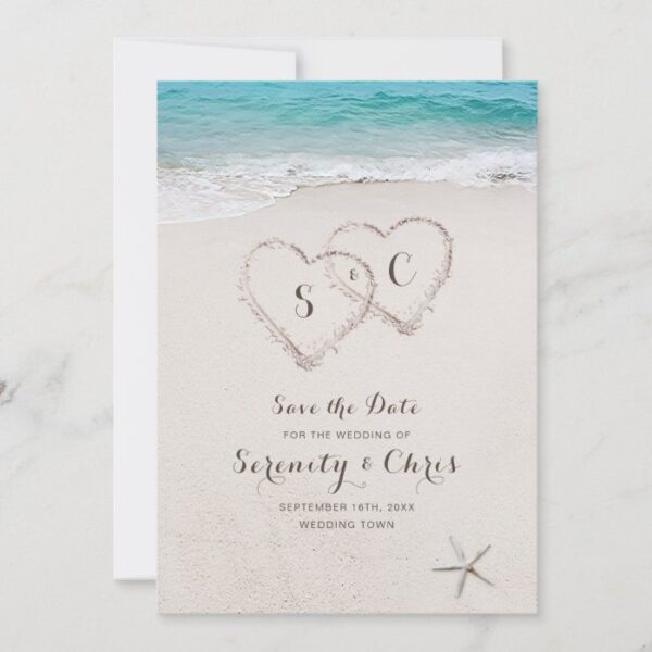 Hearts in the sand beach save the date