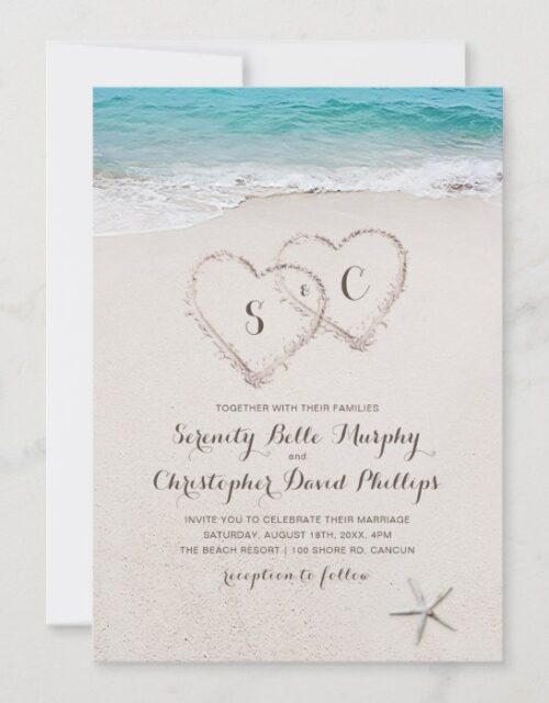 Hearts in the sand destination beach wedding invitation