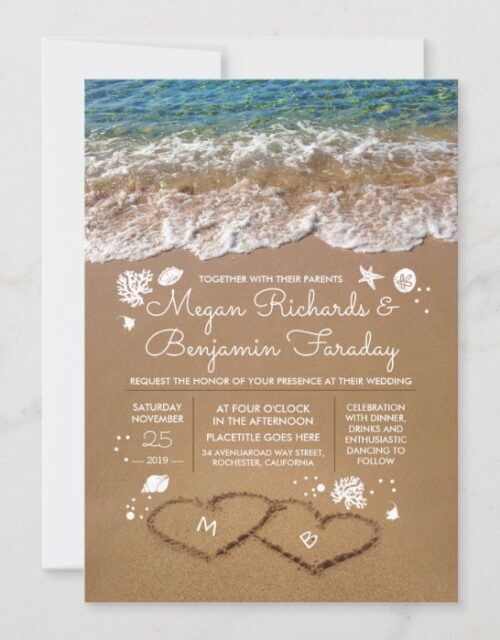 Hearts in the Sand Summer Beach Wedding Invitation