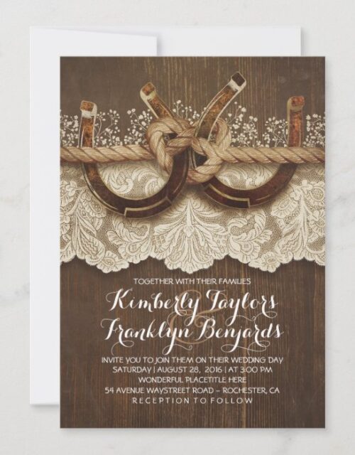 Horseshoes Lace Wood Rustic Country Wedding Invitation