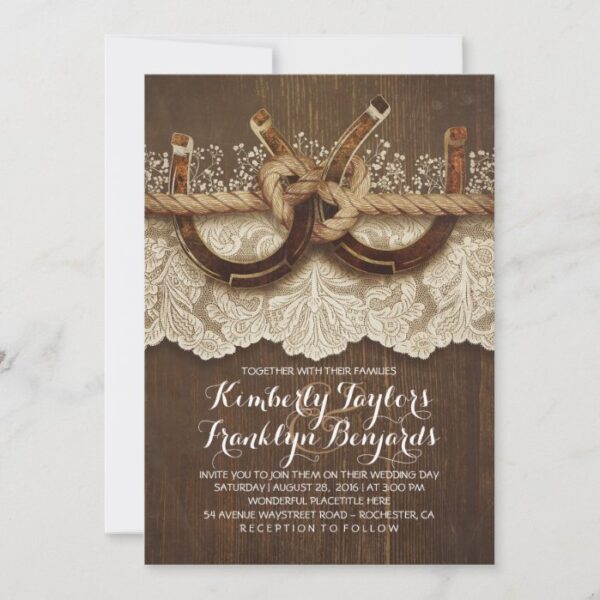 Horseshoes Lace Wood Rustic Country Wedding Invitation