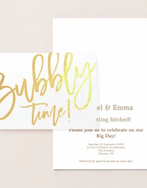 Informal Script Bubbly Time Wedding Gold Foil Card