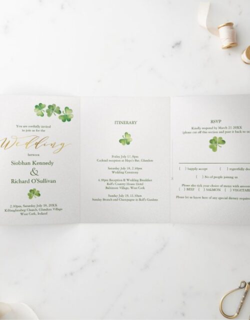 Irish Shamrock & Celtic Knot, RSVP, Eco Wedding Tri-Fold Invitation