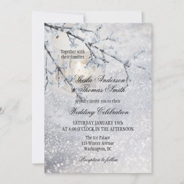 Lantern Sparkling Snow Winter Wedding Invitation