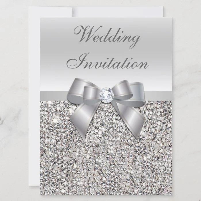 Large Wedding Faux Silver Sequins Bow Invitations
