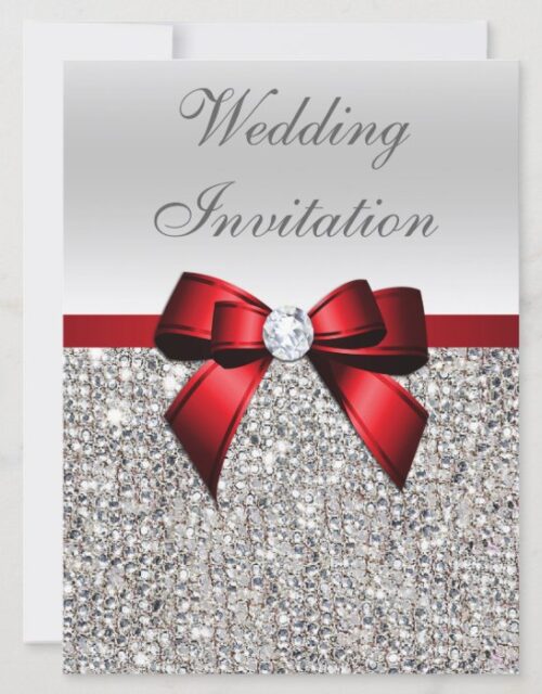 Large Wedding Faux Silver Sequins Red Bow Invitation