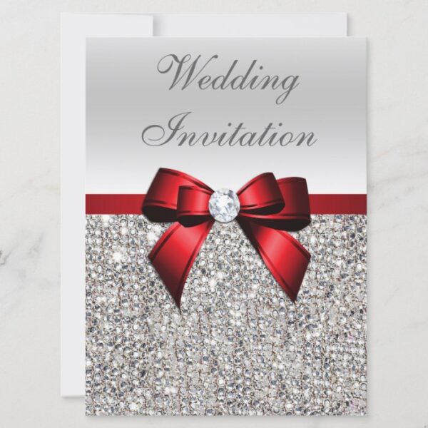 Large Wedding Faux Silver Sequins Red Bow Invitation