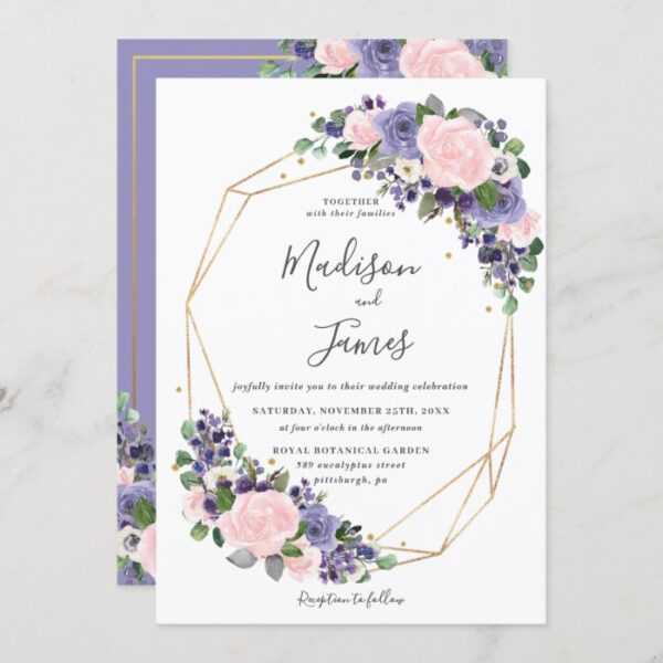 Lavender Blush Floral Wedding Geometric Gold Frame Invitation