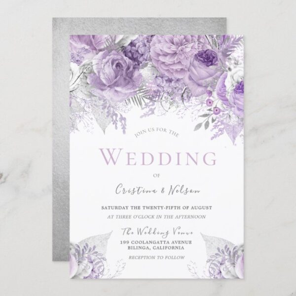 Lavender Purple Silver floral Wedding Invitation