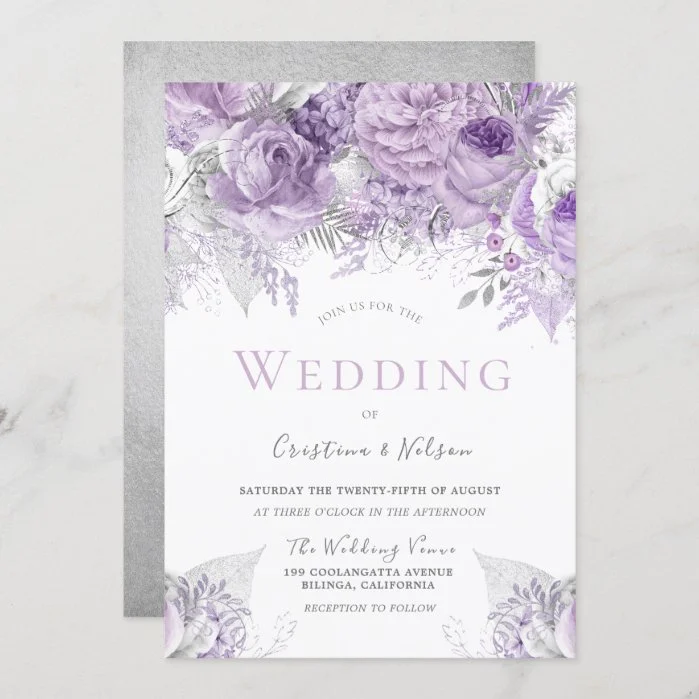 Lavender Purple Silver floral Wedding Invitation