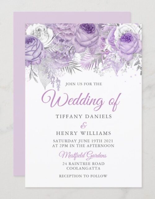 Lavender Purple Sparkle Floral Wedding Invite
