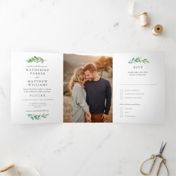 Leafy Watercolor and Faux Rose Gold Wedding Photo Tri-Fold Invitation