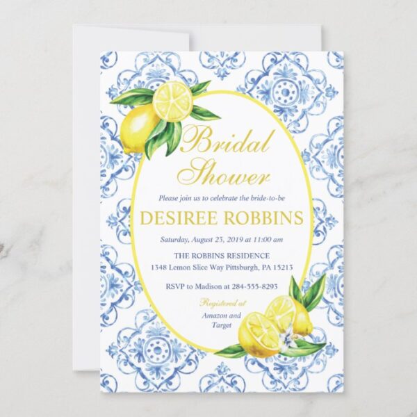Lemon Bridal Shower Invitation, Blue Tile Italian Invitation