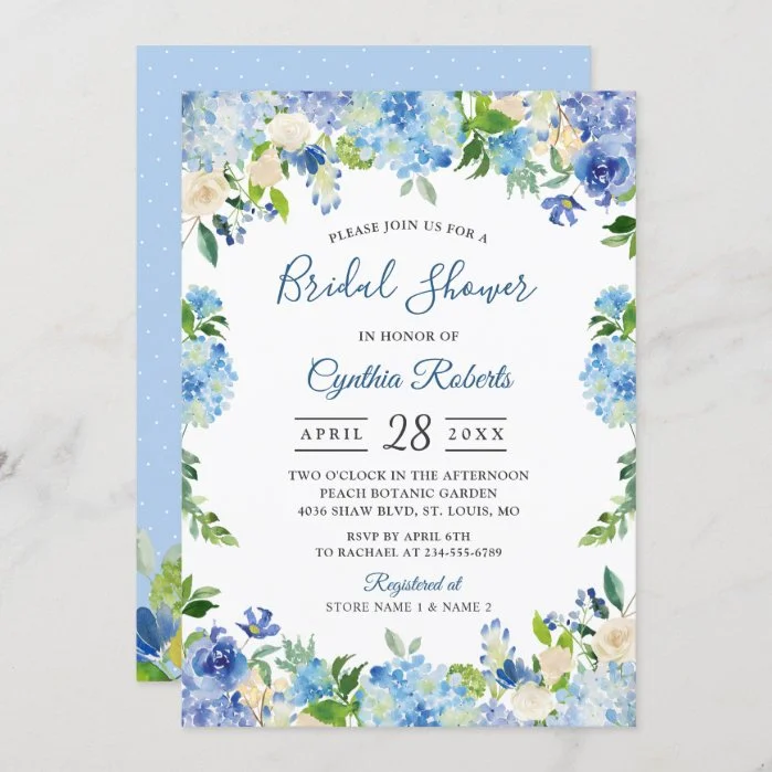 Light Blue Hydrangeas Floral Wreath Bridal Shower Invitation