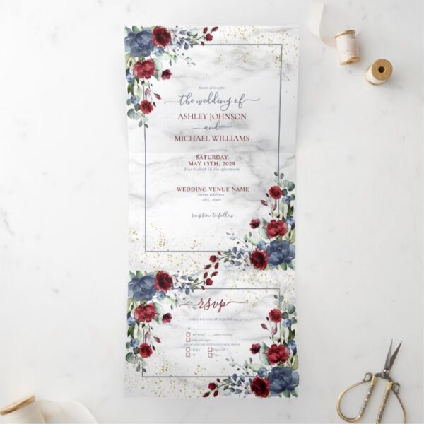 Light Dusty Blue Burgundy Floral Photo Wedding Tri-Fold Invitation