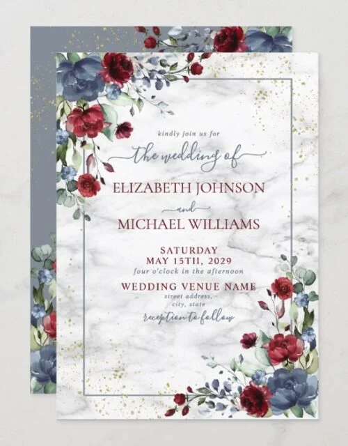 Light Dusty Blue Burgundy Gold Floral Wedding Invitation