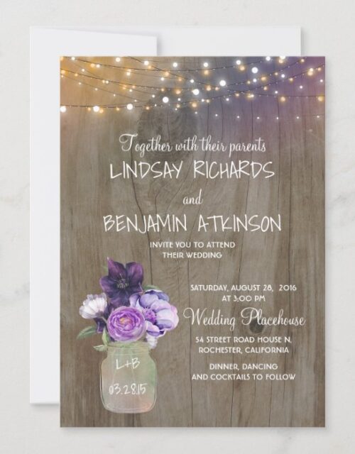 Lilac Plum Purple Floral Mason Jar Rustic Wedding Invitation