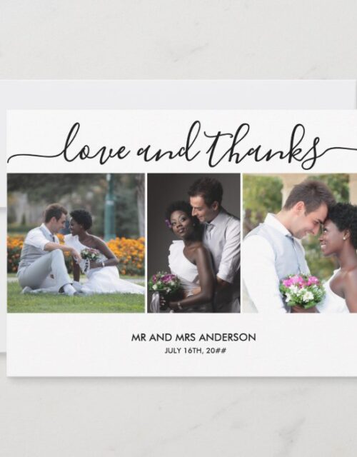 Love and Thanks 3 Wedding Photo Black and White Thank You Card