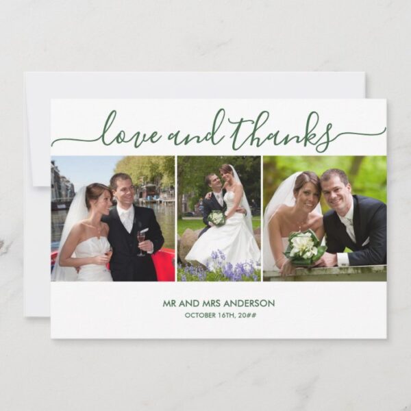 Love and Thanks 3 Wedding Photo Hunter Green Thank You Card