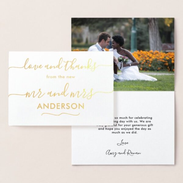 Love and Thanks Wedding Photo Gold Foil Card