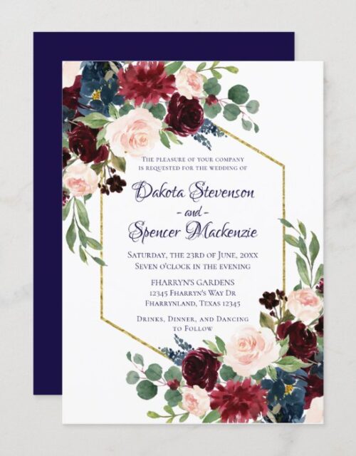 Love Bloom | Rustic Navy Burgundy Wedding Invitation