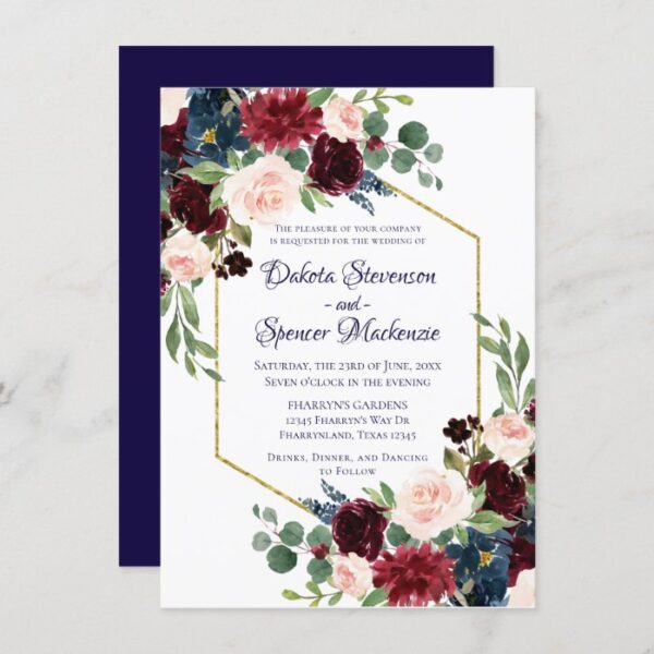 Love Bloom | Rustic Navy Burgundy Wedding Invitation
