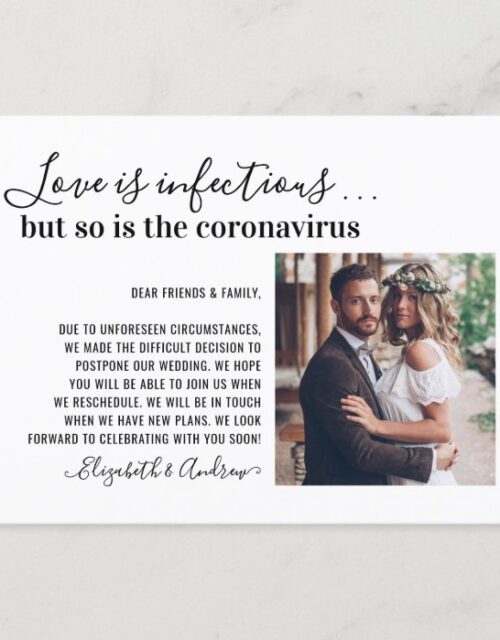Love is Infectious Covid19 Photo Change the Date Announcement Postcard