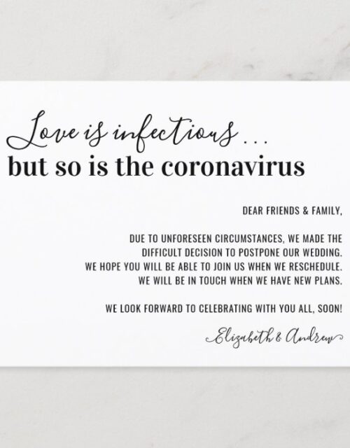 Love is Infectious Covid19 Wedding Postponement Announcement Postcard