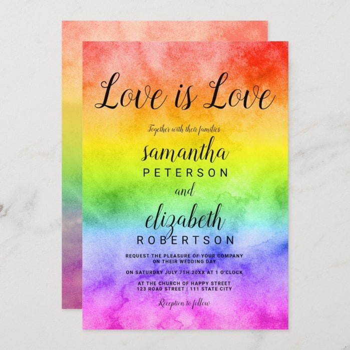 Love is love watercolor photo lesbian wedding invitation