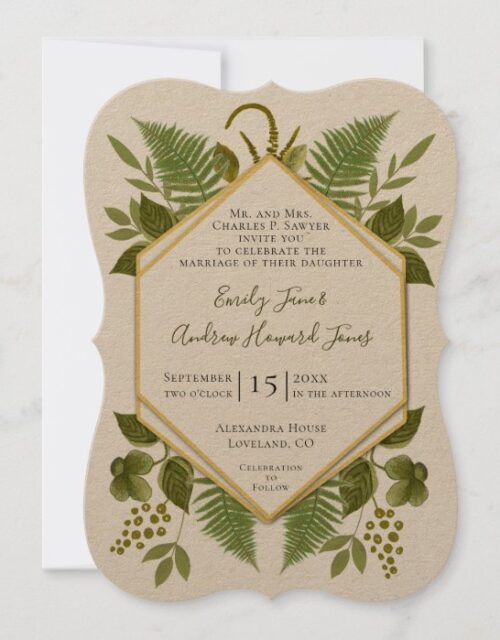 Lucky In Love 4 Leaf Clover Fern Geometric Wedding Invitation