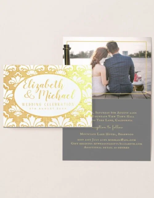 Luxury FOIL PHOTO Folded Elegant DAMASK WEDDING Foil Card