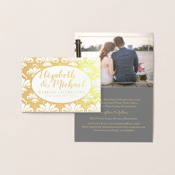 Luxury FOIL PHOTO Folded Elegant DAMASK WEDDING Foil Card