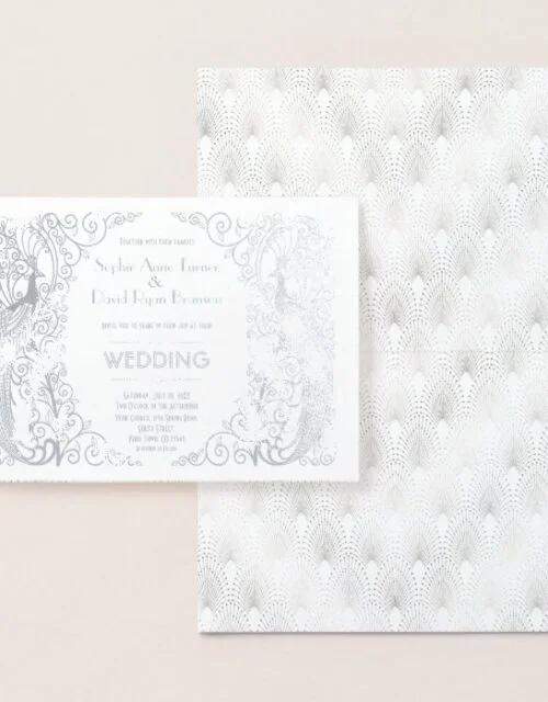 Luxury Silver Peacock Art Deco 20s Wedding Foil Card