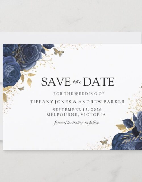 Magical Navy Indigo Roses Gold Floral Wedding Save The Date