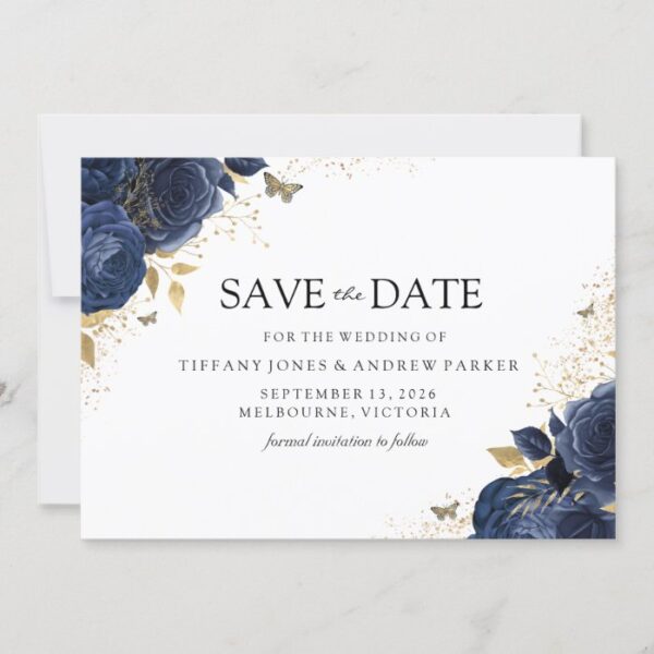 Magical Navy Indigo Roses Gold Floral Wedding Save The Date