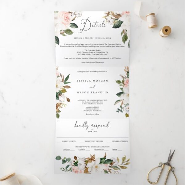 Magnolia Cotton Wedding Tri-Fold Invitations RSVP
