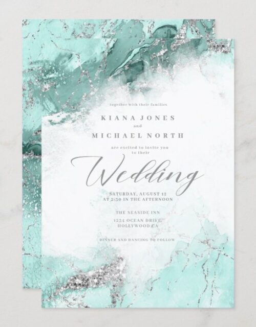 Marble Glitter Wedding Teal Silver ID644 Invitation